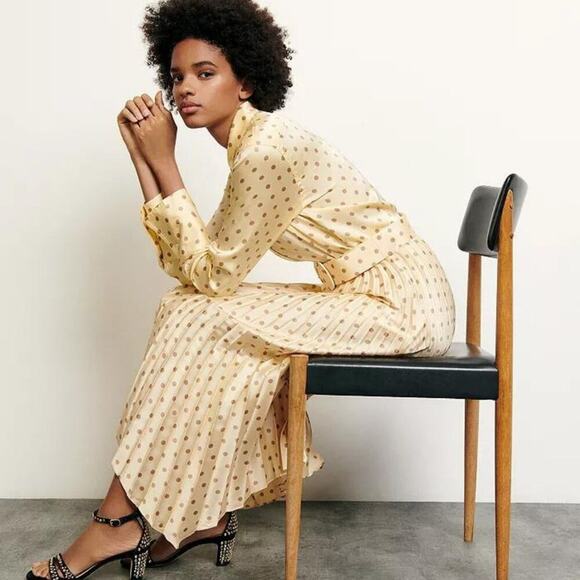 SANDRO PARIS Peany Polka-Dot Button-Down Satin Shirt, yellow, size 4/US, NWT - Picture 9 of 9
